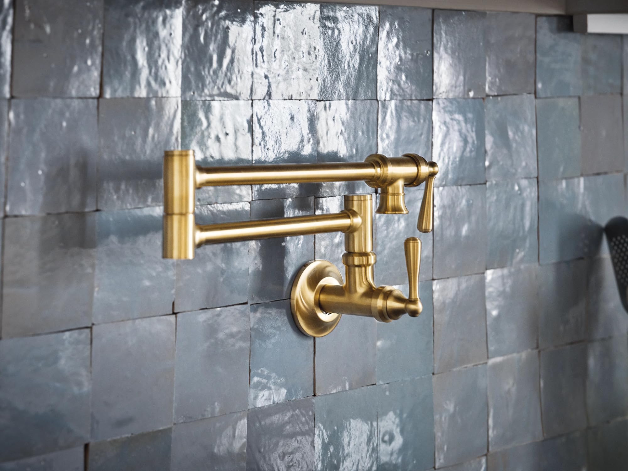 Moen Brushed Gold Traditional Double Jointed Wall Mount Swing Arm Folding Pot Filler Kitchen Faucet, S664Bg